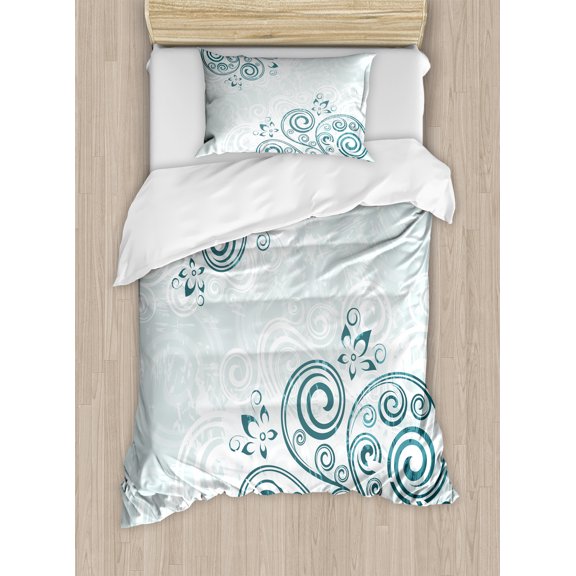 Ambesonne Floral Duvet Cover Set, Shabby Plant Petals Swirl, Twin, Jade Green Pale Blue