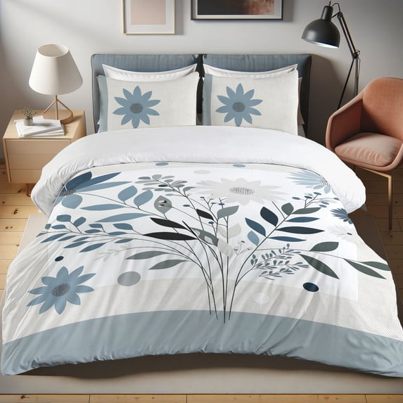 Ambesonne Floral Duvet Cover Set, Simple Flowers Leafy Modern, King, Eggshell Blue Grey