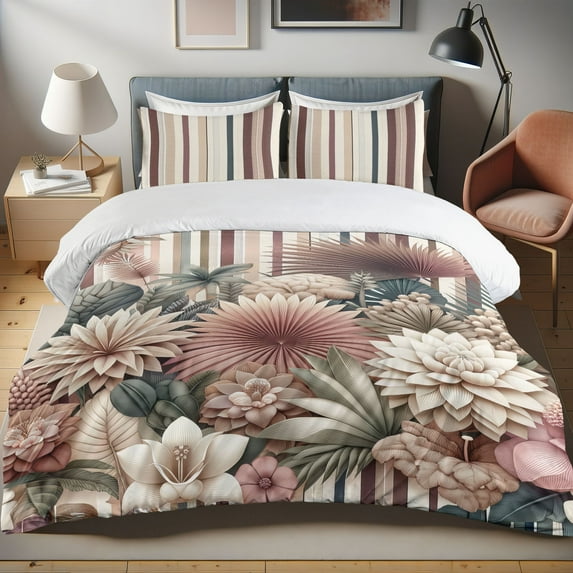 Ambesonne Floral Duvet Cover Set, Striped Back Exotic Flowers, Queen, Dried Rose Laurel Green