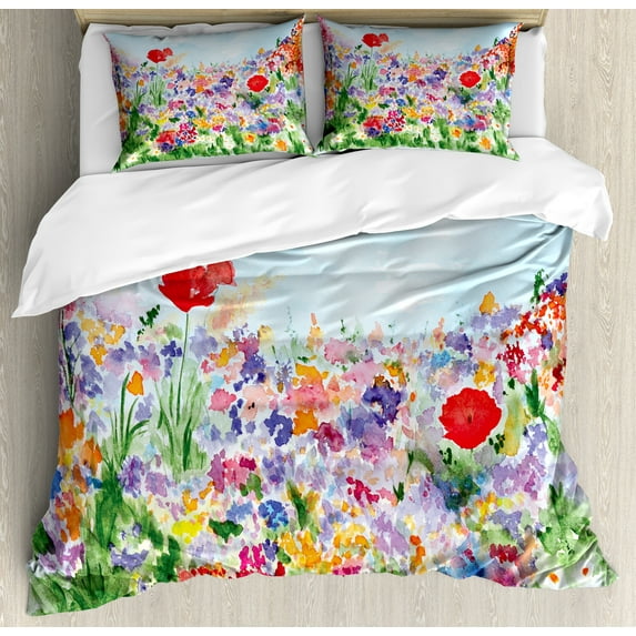 Ambesonne Floral Duvet Cover Set, Summer Blooms, 2-Calking, Red Green Purple