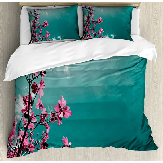 Ambesonne Floral Duvet Cover Set, Sunny Sky Exotic Summer, 2-Calking, Teal Hot Pink