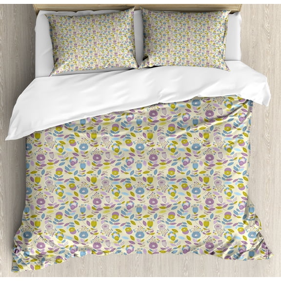 Ambesonne Floral Duvet Cover Set, Surreal Funny Flowers Swirls, Calking, Pale Lilac Khaki