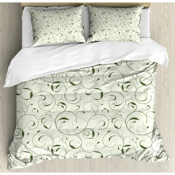 Ambesonne Floral Duvet Cover Set, Swirly Leafage Branches Art, Calking, Hunter Green Eggshell