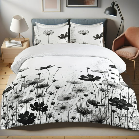Ambesonne Floral Duvet Cover Set, Thistles and Flowers Grunge, Twin, Off White Charcoal Grey