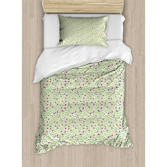 Ambesonne Floral Duvet Cover Set, Tulip Garden and Leaves Art, Twin, Purple Green and Cream