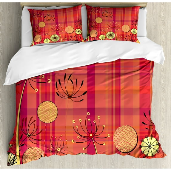 Ambesonne Floral Duvet Cover Set, Umbellifer Flower Tartan, 2-Calking, Yellow Dark Coral