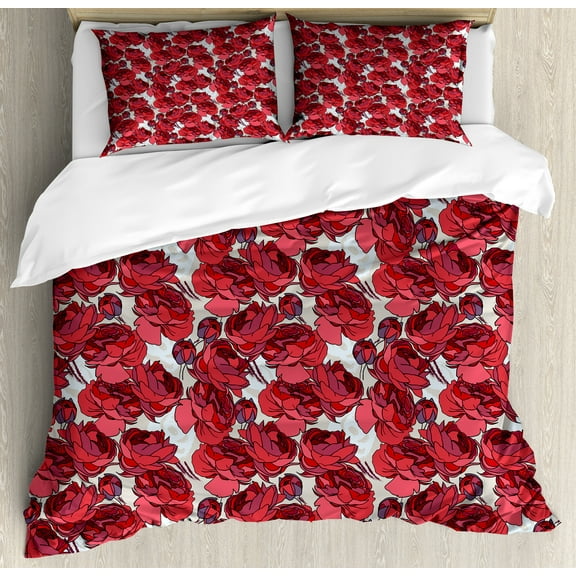 Ambesonne Floral Duvet Cover Set, Vibrant Roses Bouquet, King, Purple Pink Red