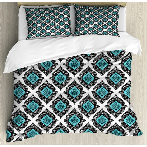 Ambesonne Floral Duvet Cover Set, Victorian Antique Style, King, Black Aqua White