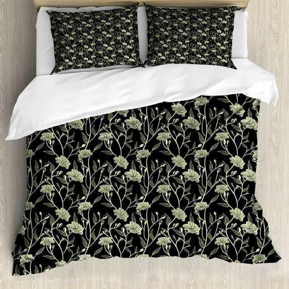 Ambesonne Floral Duvet Cover Set, Vintage Botanical Design, 2-Calking, Cream and Black