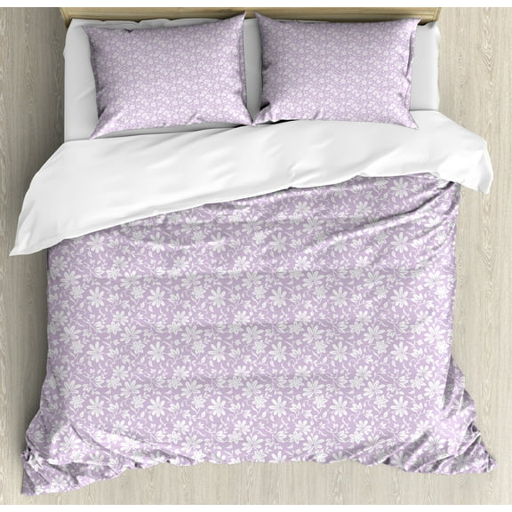Ambesonne Floral Duvet Cover Set, Vintage Flower Silhouettes, 2-Calking, Lilac and White