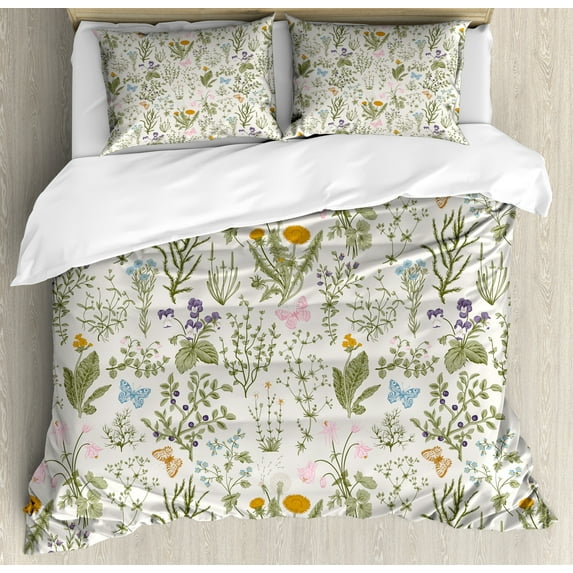 Ambesonne Floral Duvet Cover Set, Vintage Garden Plants, 2-Calking, Reseda Green Beige