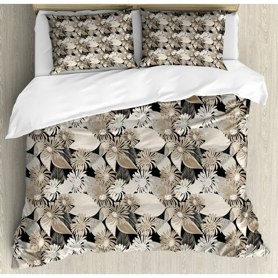 Ambesonne Floral Duvet Cover Set, Vintage Plant Soft Color, 2-Calking, Tan Black