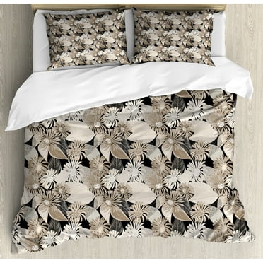 Ambesonne Floral Duvet Cover Set, Vintage Plant Soft Color, Calking, Tan Black