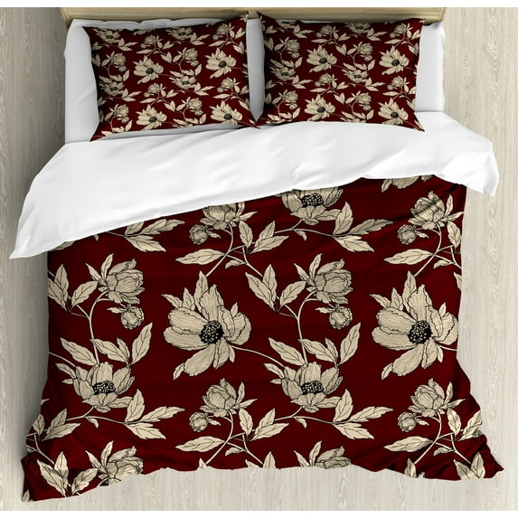 Ambesonne Floral Duvet Cover Set, Vintage Poppy Blooms Art, Calking, Grey Yellow Burgundy