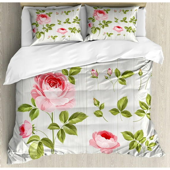 Ambesonne Floral Duvet Cover Set, Vintage Rose Petals Leaf, 2-Calking, Pale Pink Khaki