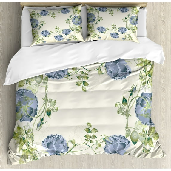 Ambesonne Floral Duvet Cover Set, Vintage Roses Framework, Queen, Blue Green Cream