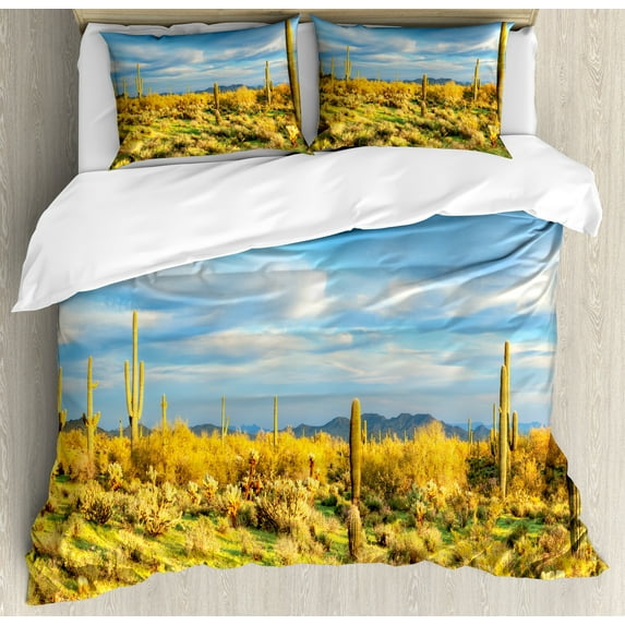 Ambesonne Floral Duvet Cover Set, Western Cactus Spikes, 2-Calking, Yellow Blue Green