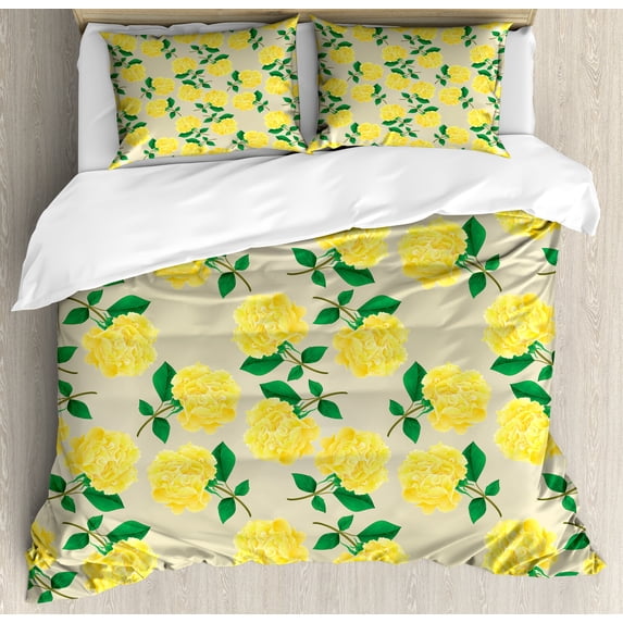 Ambesonne Floral Duvet Cover Set, Yellow Cloves with Branches, Calking, Mustard Green and Tan