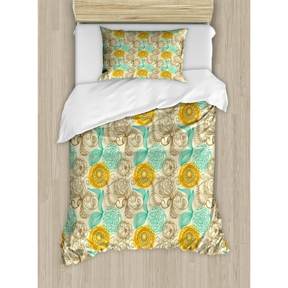 Ambesonne Floral Duvet Cover Sets, Abstract Carnations Art, 2-Twin, Tan Turquoise Marigold