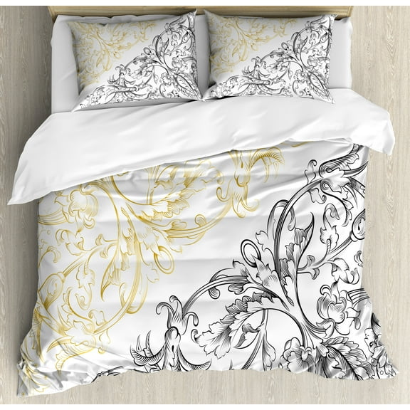 Ambesonne Floral Duvet Cover Sets, Abstract Fish Circles, 2-King, Yellow Black