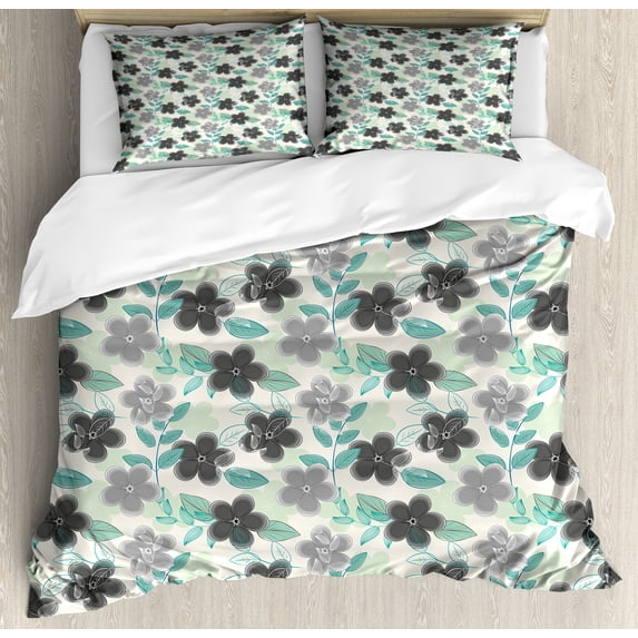 Ambesonne Floral Duvet Cover Sets, Abstract Nostalgic Retro, 2-King, Charcoal Grey Mint Green
