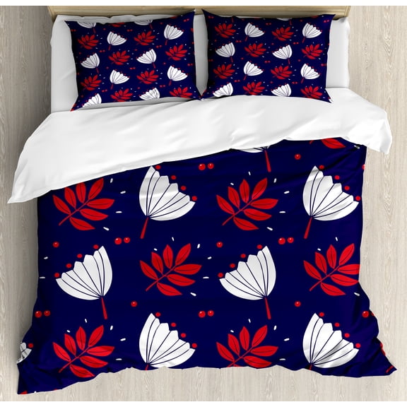 Ambesonne Floral Duvet Cover Sets, Abstract Toned Flowers Art, 2-Queen, Red Indigo White