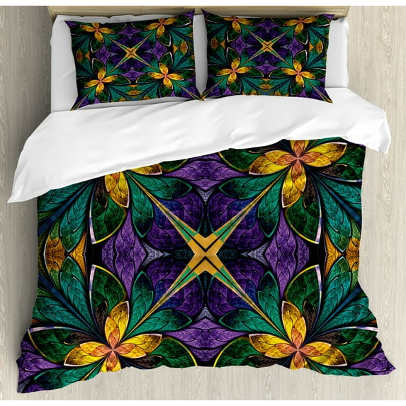 Ambesonne Floral Duvet Cover Sets, Antique Window Style, 2-King, Green Purple