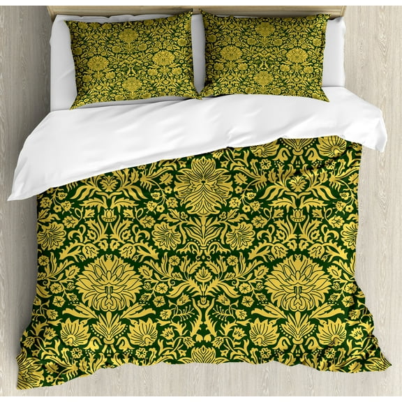 Ambesonne Floral Duvet Cover Sets, Baroque Flowers Motif, 2-King, Green Earth Yellow