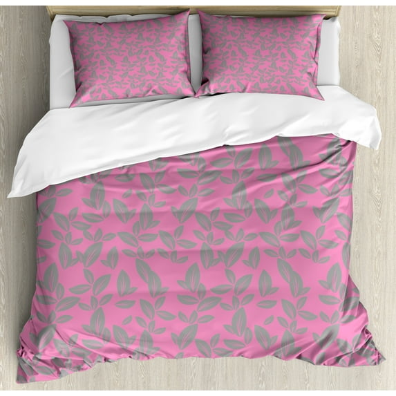 Ambesonne Floral Duvet Cover Sets, Big Grey Flowers Petals, 2-Queen, Pink and Grey