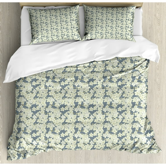 Ambesonne Floral Duvet Cover Sets, Blooming English Garden Art, 2-Queen, Blue Grey and Eggshell