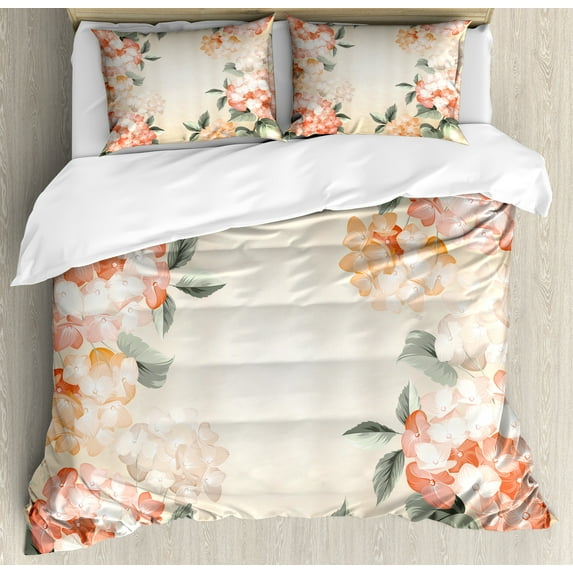 Ambesonne Floral Duvet Cover Sets, Blooming Hydrangea Flowers, 2-King, Reseda Green Salmon