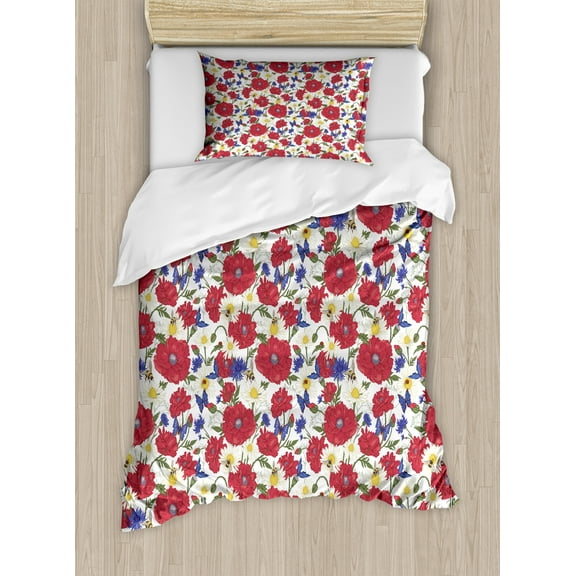 Ambesonne Floral Duvet Cover Sets, Blooming Red Poppies, 2-Twin, Multicolor