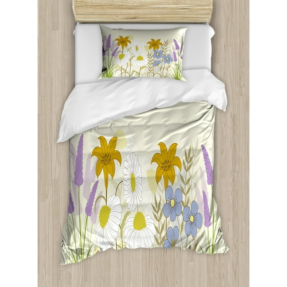Ambesonne Floral Duvet Cover Sets, Blooming Spring Wildflowers, 2-Twin, Eggshell and Multicolor