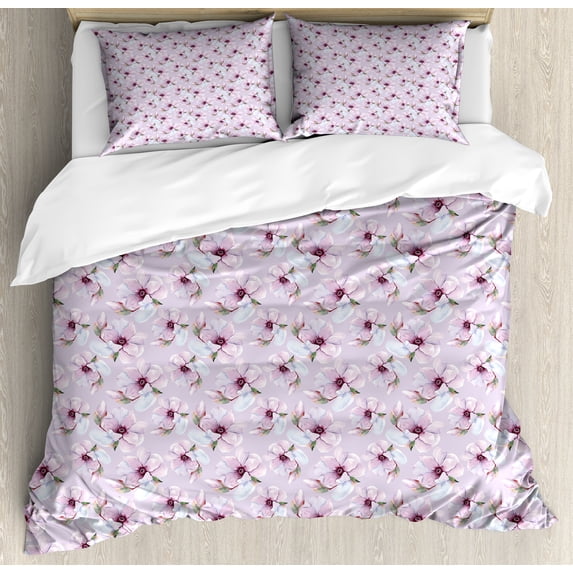 Ambesonne Floral Duvet Cover Sets, Blooming Watercolor Flower, 2-Queen, Purple and Reseda Green
