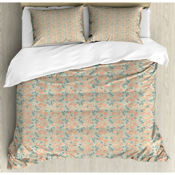 Ambesonne Floral Duvet Cover Sets, Blossoming Rose Flowers Art, 2-King, Grey Yellow Sea Green