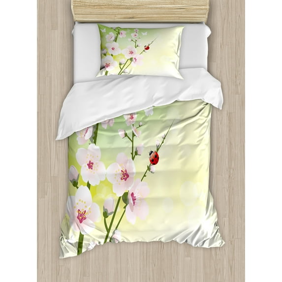 Ambesonne Floral Duvet Cover Sets, Blossoms Ladybugs Spring, 2-Twin, Green Pink