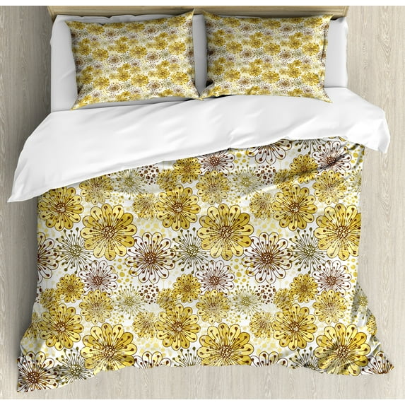 Ambesonne Floral Duvet Cover Sets, Blossoms Petals and Dots, 2-King, Khaki Brown White