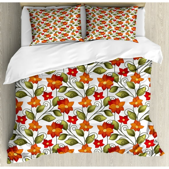 Ambesonne Floral Duvet Cover Sets, Boho Herbs Lily Nature, 2-King, Olive Green Orange White