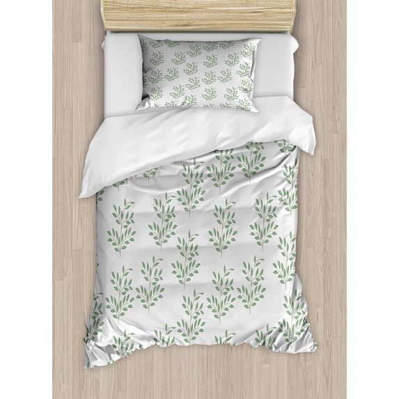 Ambesonne Floral Duvet Cover Sets, Botanical Twig Branches Art, 2-Twin, Jade Green and Coconut