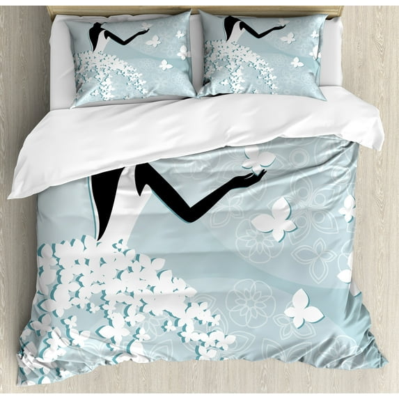 Ambesonne Floral Duvet Cover Sets, Butterfly Dress, 2-King, Pale Blue and White
