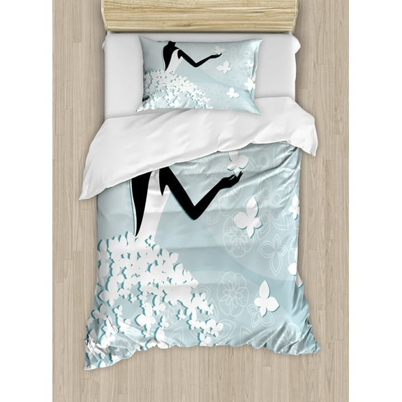 Ambesonne Floral Duvet Cover Sets, Butterfly Dress, 2-Twin, Pale Blue and White