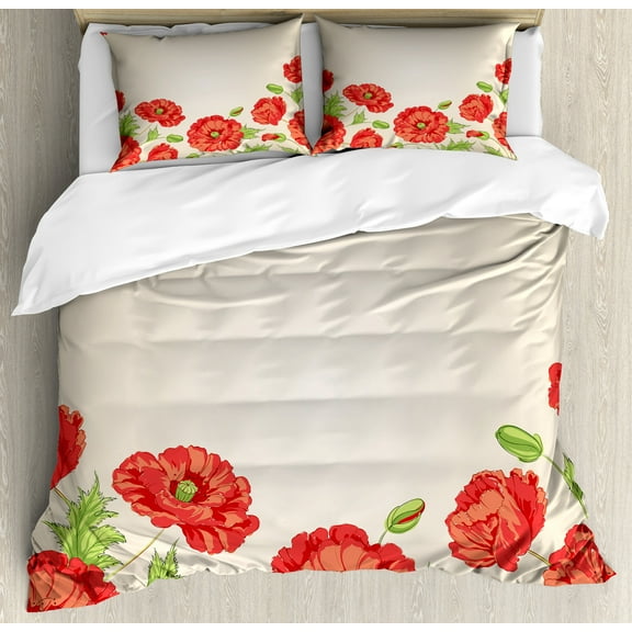 Ambesonne Floral Duvet Cover Sets, Card with Poppy Flowers, 2-Queen, Red and Beige