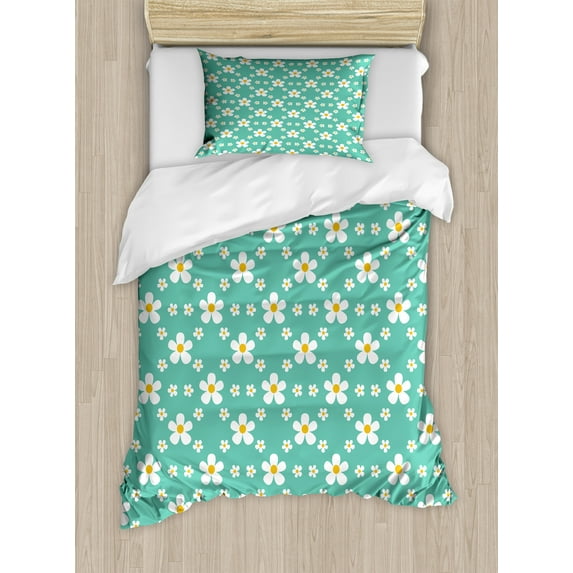 Ambesonne Floral Duvet Cover Sets, Cartoon Chamomile Flowers, 2-Twin, Cadet Blue White and Mustard