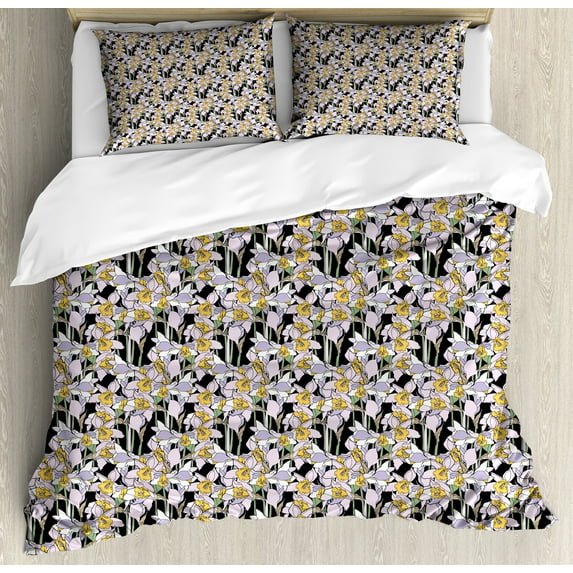 Ambesonne Floral Duvet Cover Sets, Cartoon Style Flowers Theme, 2-Queen, Multicolor