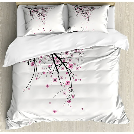 Ambesonne Floral Duvet Cover Sets, Cherry Blossom Flower, 2-Queen, Pink Black