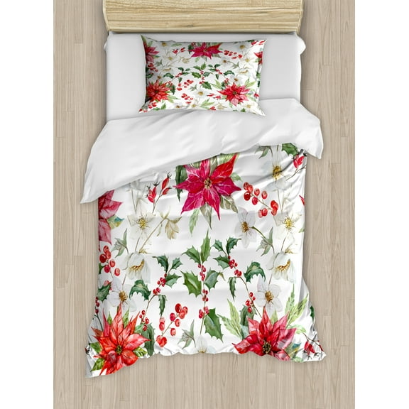 Ambesonne Floral Duvet Cover Sets, Christmas Flowers Buds, 2-Twin, Pink Green White
