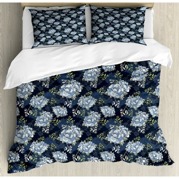 Ambesonne Floral Duvet Cover Sets, Classic Peony Petal, 2-King, Pistachio Green Blue