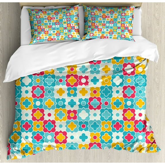 Ambesonne Floral Duvet Cover Sets, Clover Vivid Design, 2-King, Red Turquoise Yellow