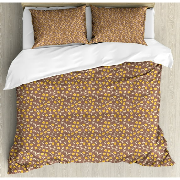 Ambesonne Floral Duvet Cover Sets, Colorful Autumn Flowers Art, 2-Queen, Mustard Cocoa