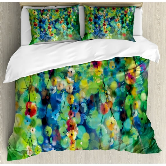 Ambesonne Floral Duvet Cover Sets, Colorful Flower on Tree, 2-King, Green Blue